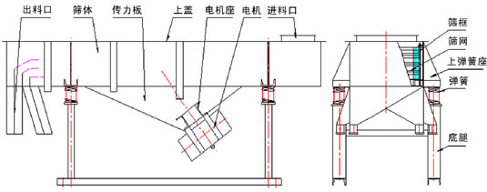 直線振動篩內(nèi)部結(jié)構(gòu)：出料口，篩體，傳力板，上蓋，電機(jī)座，電機(jī)，進(jìn)料口，篩框，篩網(wǎng)，上彈簧座，彈簧，底腿。
