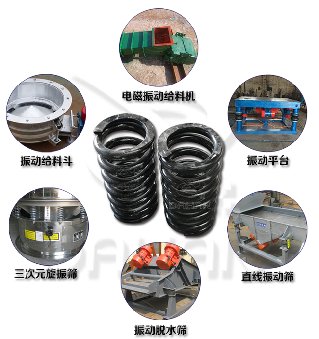 旋振篩減震彈簧適用產(chǎn)品：振動(dòng)給料機(jī)，電磁振動(dòng)給料機(jī)，振動(dòng)平臺(tái)，直線振動(dòng)篩，振動(dòng)脫水篩，三次元旋振篩。