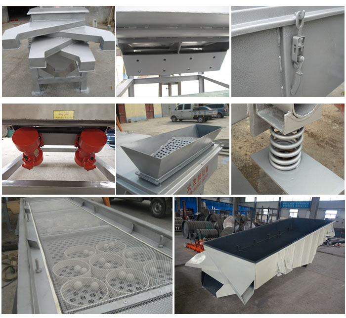 多層直線振動(dòng)篩由進(jìn)料口,底座,振動(dòng)電機(jī),篩網(wǎng),篩框,彈簧,出料口等組成。