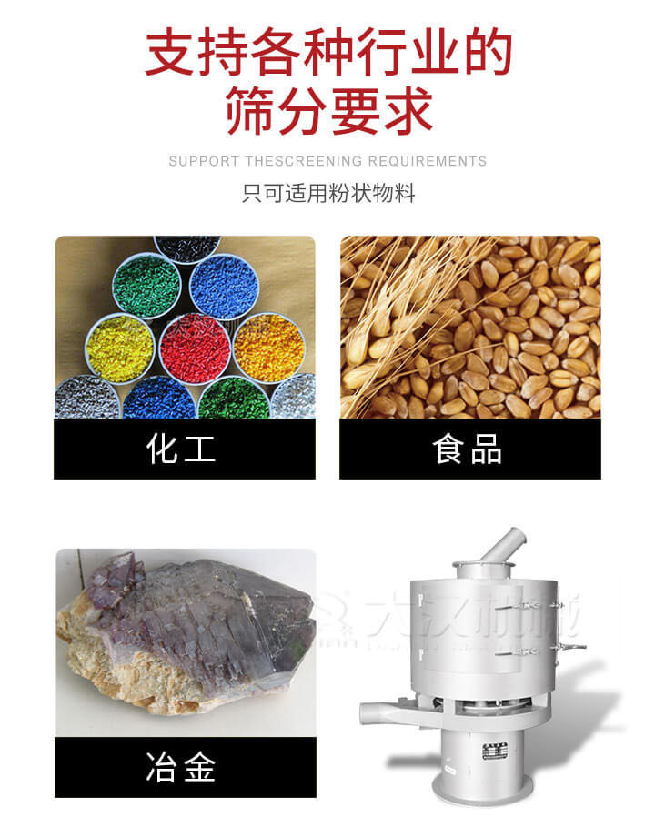 氣流篩用于礦粉，石墨粉，活性納米碳酸鈣，鋁灰，大豆粉，碳酸重鈣，石墨粉，木粉，干草，重金石粉，藥粉末，橡膠顆粒，草酸鹽，干料粉，木粉，聚酯粉，干粉，塑料，金屬粉末，橡膠粉，粉煤灰，石墨粉，陶瓷粉，鋅粉，石英粉，石灰粉，鐵粉，金屬硅粉等。