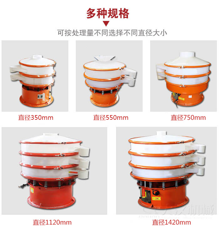 塑料振動篩不同篩分直徑進行展示：350，550，750，1120，1420等。