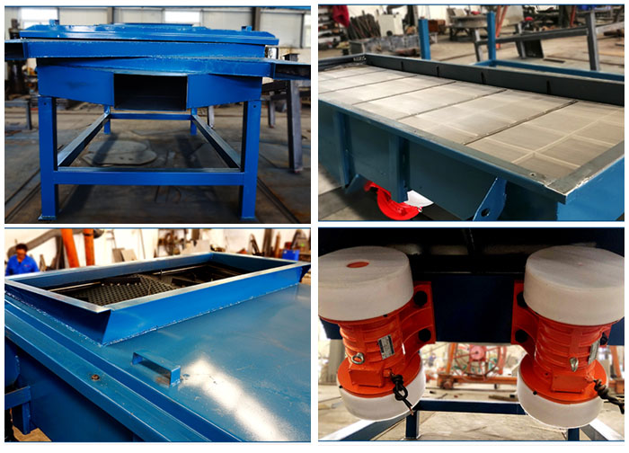 方形振動篩出料口，篩網(wǎng)和網(wǎng)架，進料口，振動電機等細節(jié)展示。