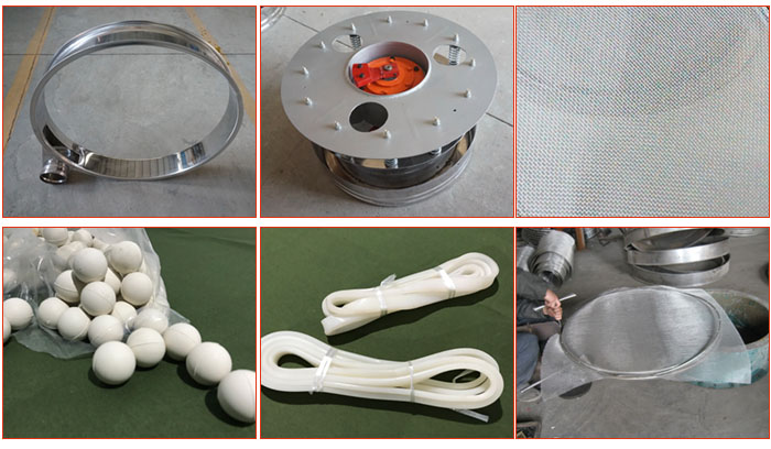 800型全不銹鋼振動(dòng)篩配件有：振動(dòng)篩篩框，電機(jī)，不銹鋼篩網(wǎng)等。