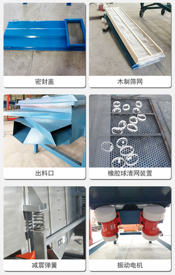 直線篩結(jié)構(gòu)展示：篩網(wǎng)，篩箱，振動電機(jī)，振動電機(jī)座，減震彈簧，支架等部件展示圖