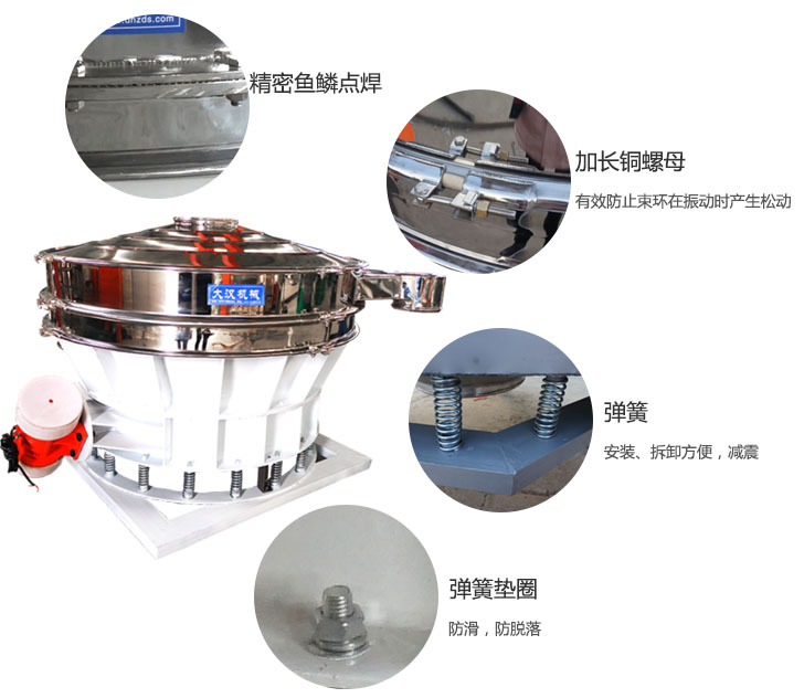 1500直排篩細(xì)節(jié)展示：彈簧，彈簧墊圈，加長(zhǎng)銅螺母。