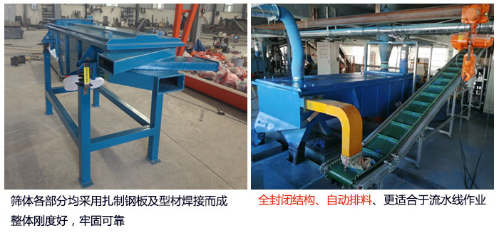 直線篩分機(jī)篩體各部分均采用扎制鋼板及型材焊接而成整體剛度好，牢固可靠；全封閉結(jié)構(gòu)、自動(dòng)排料、更適合于流水線作業(yè)。