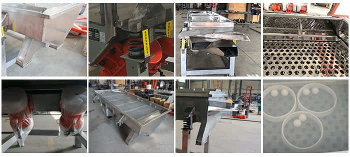 不銹鋼直線篩不同定制出料口，電機，篩網(wǎng)，篩箱，彈跳球等部件細節(jié)展示