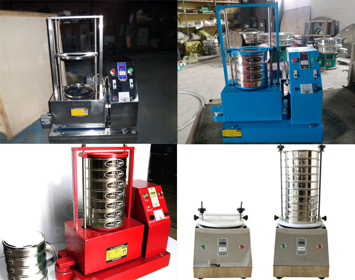 三種不同類型的試驗(yàn)篩，區(qū)別控制臺(tái)在下部或在右側(cè)。材質(zhì)為不銹鋼和碳鋼兩種，碳鋼材質(zhì)做了噴漆有：紅色和藍(lán)色兩種。