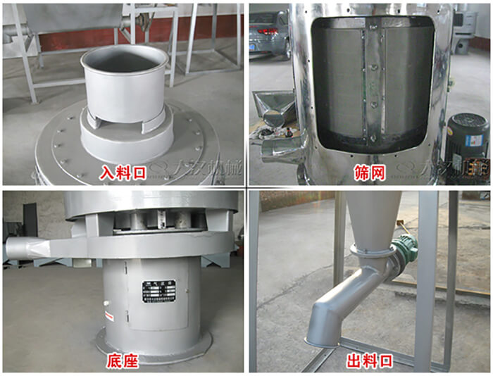 氣流篩部件展示：入料口，篩網(wǎng)，底座，出料口等。