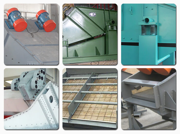 礦用振動(dòng)篩主要由激振器、篩體、篩網(wǎng)、減振裝置及座架等組成。篩箱由篩框、篩板、襯板等組成