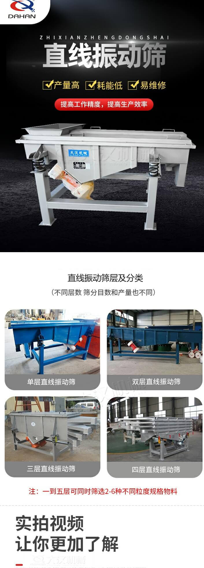 直線振動(dòng)篩概述，產(chǎn)量高，耗能低，易維修，提高工作精度，提高生產(chǎn)效率，直線振動(dòng)篩層級(jí)分類：不同層數(shù)，篩分目數(shù)和產(chǎn)量也不同：?jiǎn)螌?，雙層，三層，四層等。