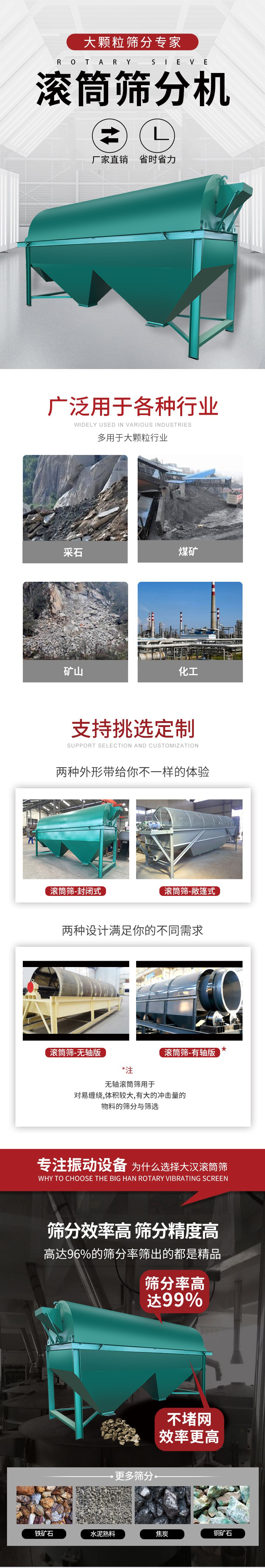 滾筒篩分機(jī)大顆粒篩分專家：廠家直銷，省時(shí)省力。滾筒篩被廣泛應(yīng)用各種行業(yè)：多用于大顆粒行業(yè)例如：采石，煤礦，礦山，化工等。滾筒篩定制類型有哪些：封閉式與敞篷式產(chǎn)品結(jié)構(gòu)分為：無(wú)軸式，有軸式兩種，無(wú)軸滾筒篩用于對(duì)纏繞，體積較大，有大的沖擊量的物料的篩分與篩選。滾筒篩篩分效率高篩分精度能夠達(dá)到：96%也比較適用于鐵礦石，水泥熟料，焦炭，銅礦石。滾筒篩特點(diǎn)：不飛粉末：密封隔離罩，密封性好，工作過(guò)程不會(huì)出現(xiàn)飛粉現(xiàn)象。外型尺寸是按筒體長(zhǎng)計(jì)
