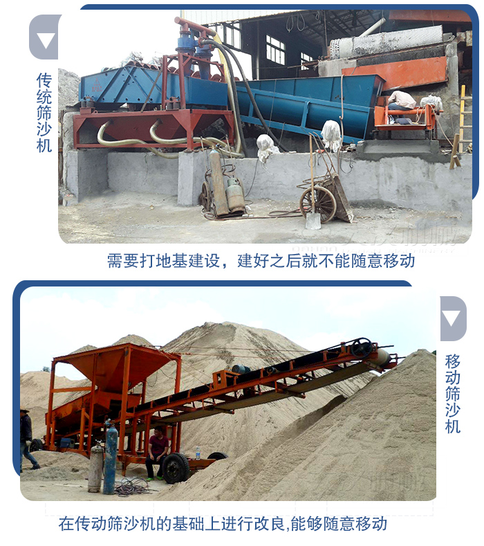 移動(dòng)的篩沙機(jī)在安裝前需要打地基，而固定完畢后就不能隨意的移動(dòng)，而移動(dòng)篩沙機(jī)不需要打地并且隨時(shí)能夠進(jìn)行移動(dòng)。