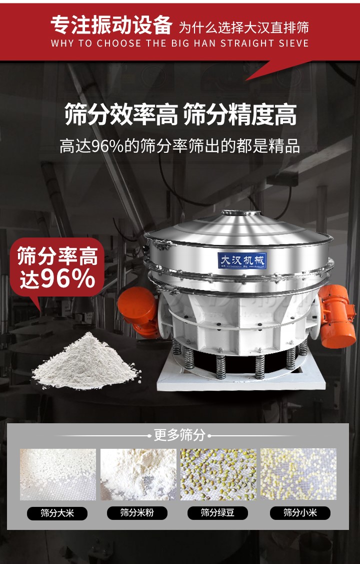 直排篩適用物料有面粉，淀粉，洗衣粉，金屬粉，添加劑，化工，非礦等行業(yè)。