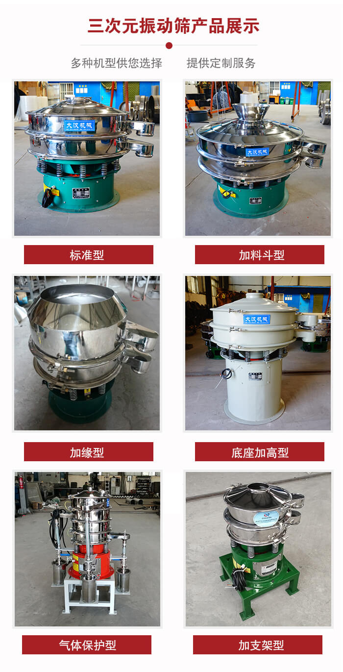 三次元振動(dòng)篩不同結(jié)構(gòu)展示：標(biāo)準(zhǔn)型，加料斗型，加緣型，底座加高型，氣體保護(hù)型，加支架型。