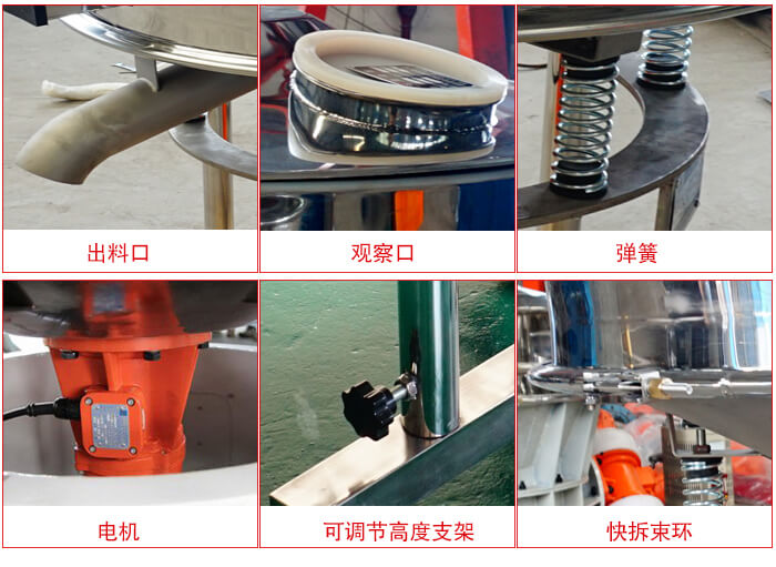 高頻篩細(xì)節(jié)展示：出料口，觀(guān)察口，彈簧，電機(jī)，可調(diào)節(jié)高度支架，快拆束環(huán)。