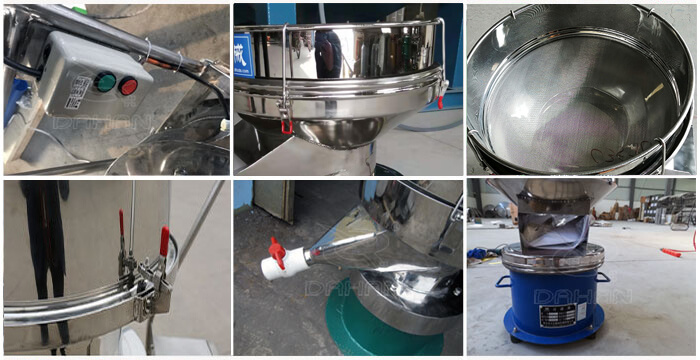 過濾篩細(xì)節(jié)展示：控制開關(guān)，篩框，出料口閥門，底座等