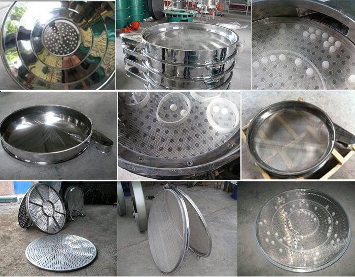 食品振動(dòng)篩細(xì)節(jié)展示：防塵蓋，篩框，網(wǎng)架，底框等。
